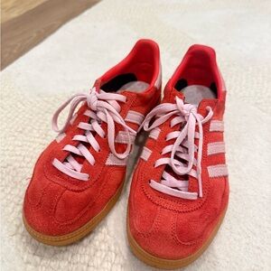 Adidas Red Sneakers with Pink Laces